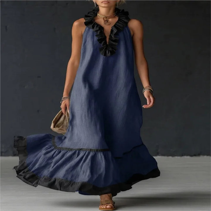 Fashion Patchwork Maxi Dress for Woman V Neck Stringy Selvedge Ruffle Flowy Long Dresses 2026 Summer Beach Vacation Sundress