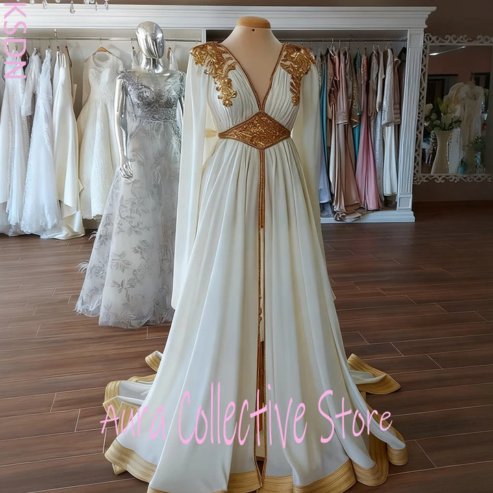 Ethereal White Maxi Goddess Dress with Gold Embroidered Details Long Sleeve V-Neck Elegant Formal Wedding Evening Party Gown