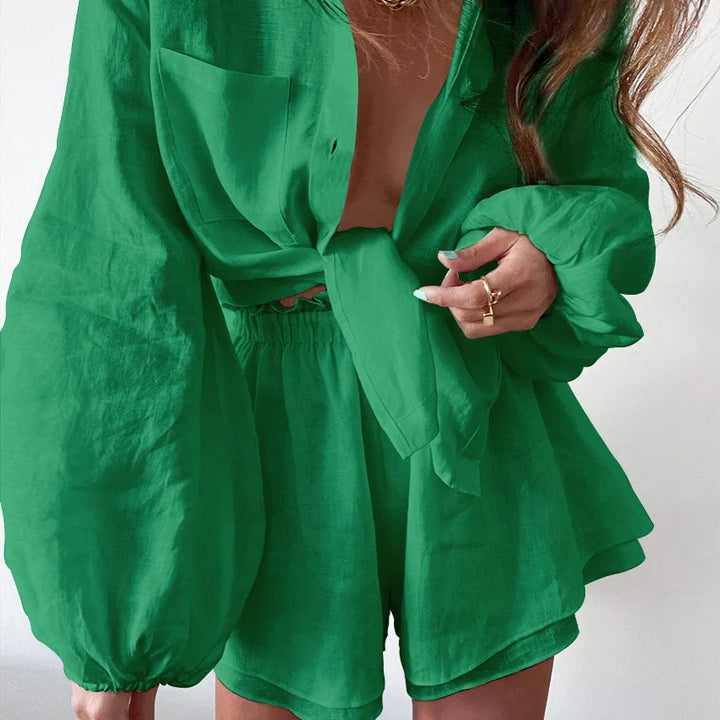 Women Casual Shirt Shorts Two Piece Summer New Fashion Personality Long Sleeved Shirt Loose Shorts Lady Simple Solid Color Suit