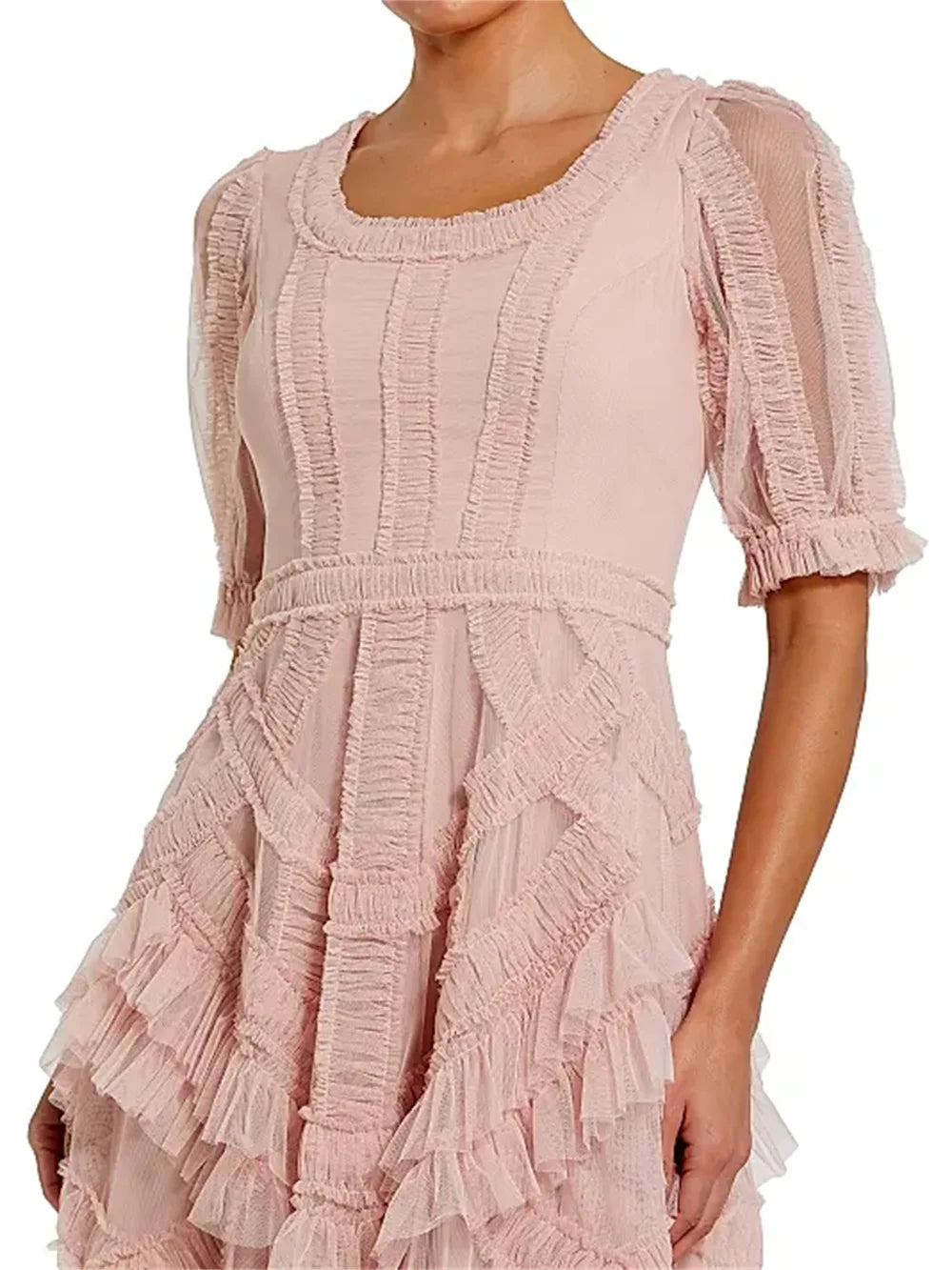 Women Evening Dress Elegant Round Neck Half Sleeve Pleated Formal Gowns Party Mesh Dresses Prom Formal Evening Gowns Celebration