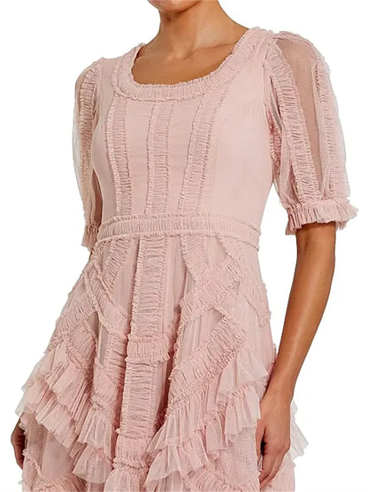 Women Evening Dress Elegant Round Neck Half Sleeve Pleated Formal Gowns Party Mesh Dresses Prom Formal Evening Gowns Celebration
