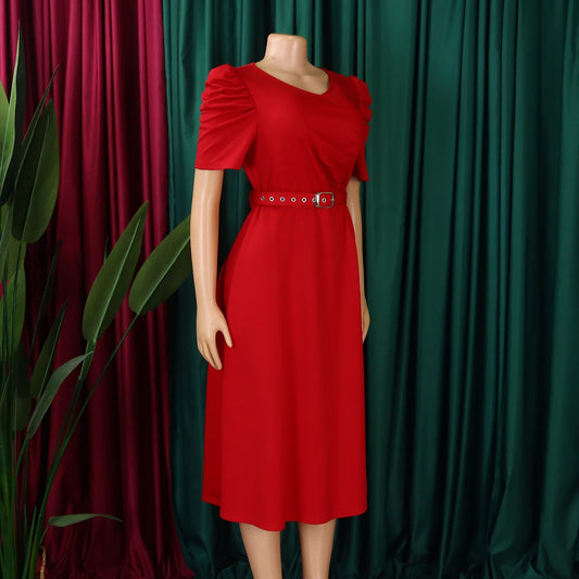Elegant Party Dresses for Women V Neck Short Sleeve Belt Waisted Pleated Mid Calf Luxury Birthday Dinner Vestidos Mujer Dress OL