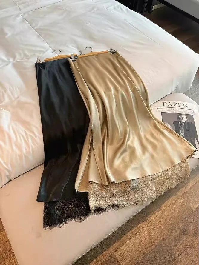 Women Satin Midi Skirt with Lace Trim High Waist Slip Elegant Silky Long Skirt Casual Daily, Dating, Office Outfits