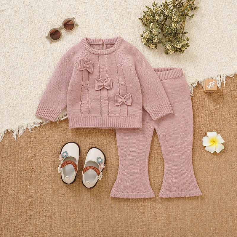 Winter Warm Knitted 2 Piece Set for Toddler Girls Cotton Full Sleeve Sweater+Trousers Outfits Pink Outwear Infant Knitwear Suits