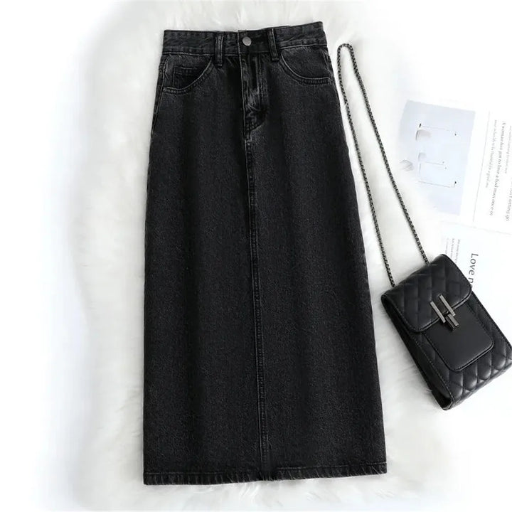 Women Denim Skirt Spring A Line Summer High Waist Loose Split Hem Dark Blue Chic Casual Streetwear Jean Midi Skirt Streetwear