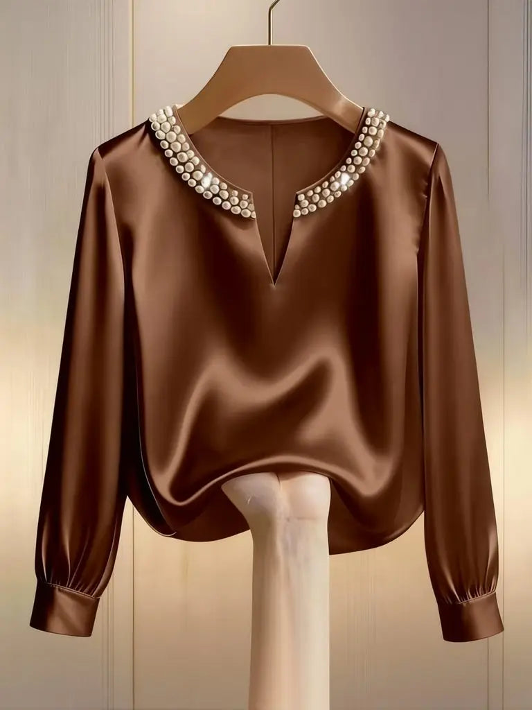 Pearl V-neck Silk Satin Top Women Luxury Elegant Long Sleeve T Shirt Commuter Loose Casual Basic Tees Chic Work Wear