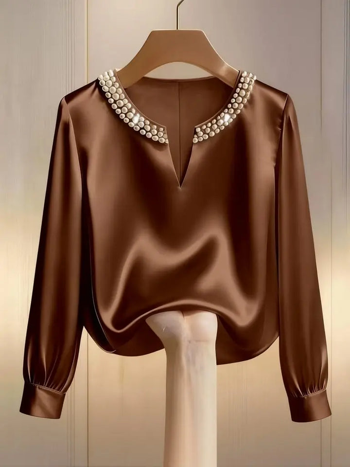 Pearl V-neck Silk Satin Top Women Luxury Elegant Long Sleeve T Shirt Commuter Loose Casual Basic Tees Chic Work Wear