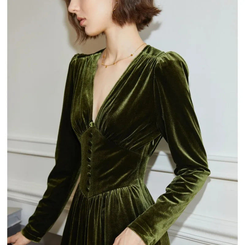 Velvet V-Neck Dress Women&