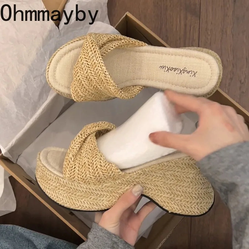 Summer Women Straw Woven Platform Slippers Fashion Bohemian Wedges Heel Slides Open Toe Ladies Elegant Party Dress Sandalias