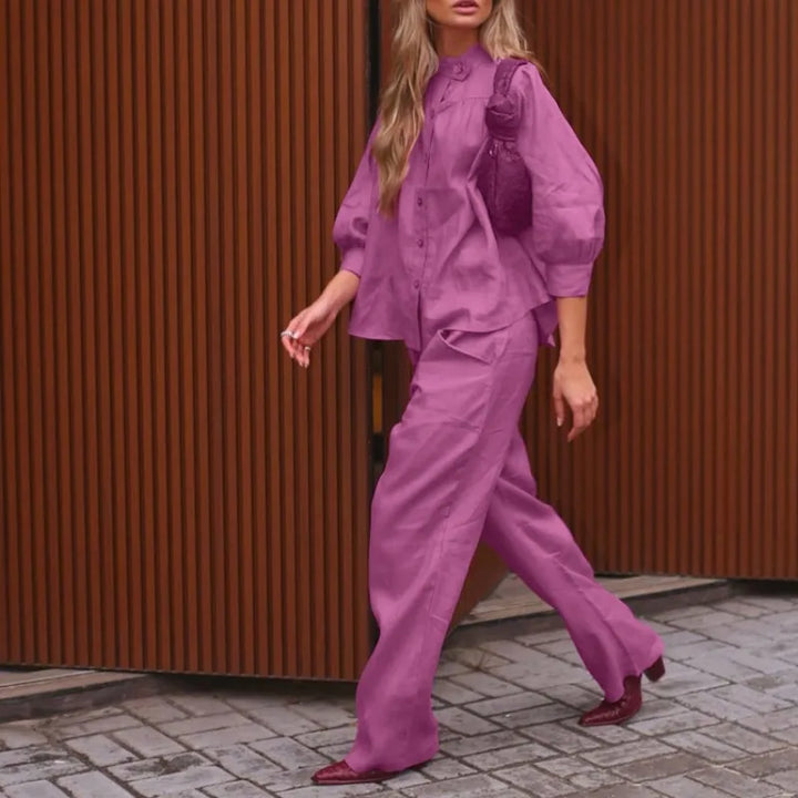 Women Solid Linen Two Piece Matching Set Stand Collar Button Down Shirt Drawstring Wide Leg Pants Casual Holiday Office Outfit