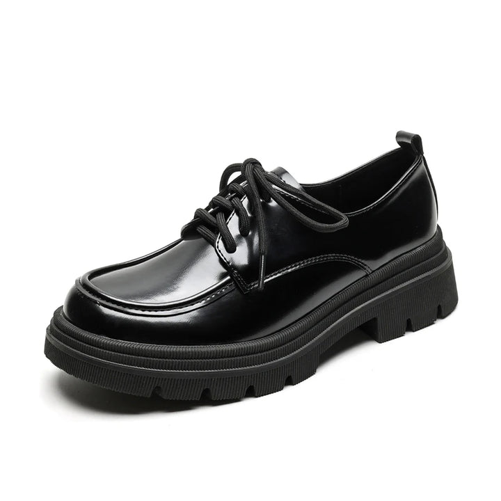 Women Black Lace Up Platform Loafers Retro British Style Leather Shoes Soft Sole Minimalist Casual Daily Footwear