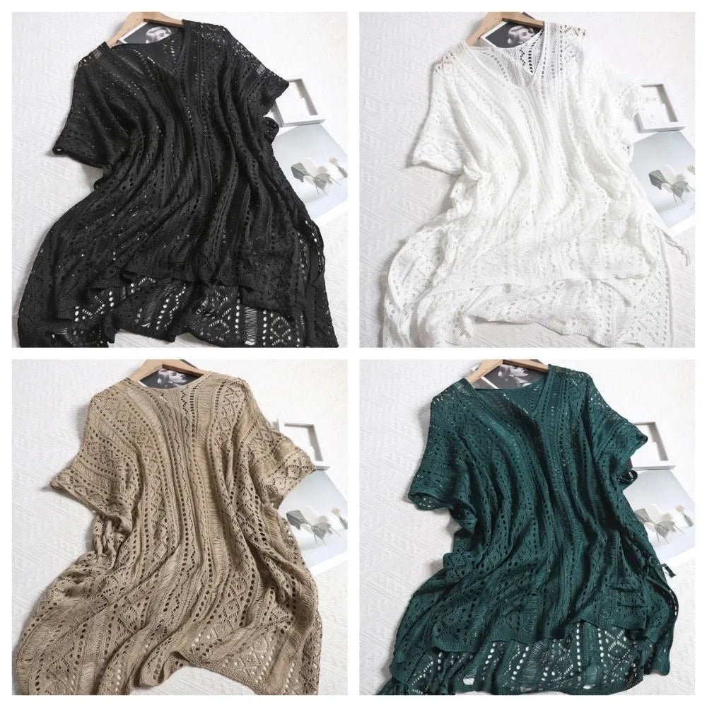 Oversized Hollow Out Swimsuit Cover Up Crochet Sweater Loose Knitted Bikini Cover Up Fishing Net V-neck Beach Wear Streetwear