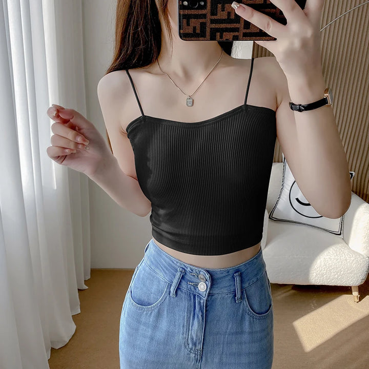 Knitted Camisole Undershirt Women Inner Slim Outer Wear Short Self Chest Pad Beauty Back Beauty Top Bottom Basic Simple Sexy
