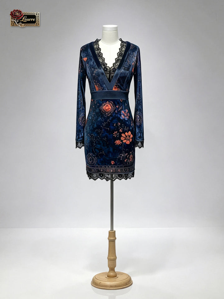 Velvet Bodycon Mini Dress V‑Neck Lace Trim Long Sleeve Vintage Floral Print Slim Fit Elegant Short Party Evening Club Dres