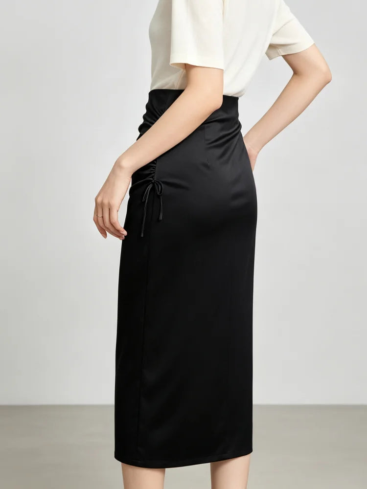 Women Midi Skirt Black Satin High Waist Ruched Drawstring Slim Pencil Skirt Elegant Office Party Casual Skirts