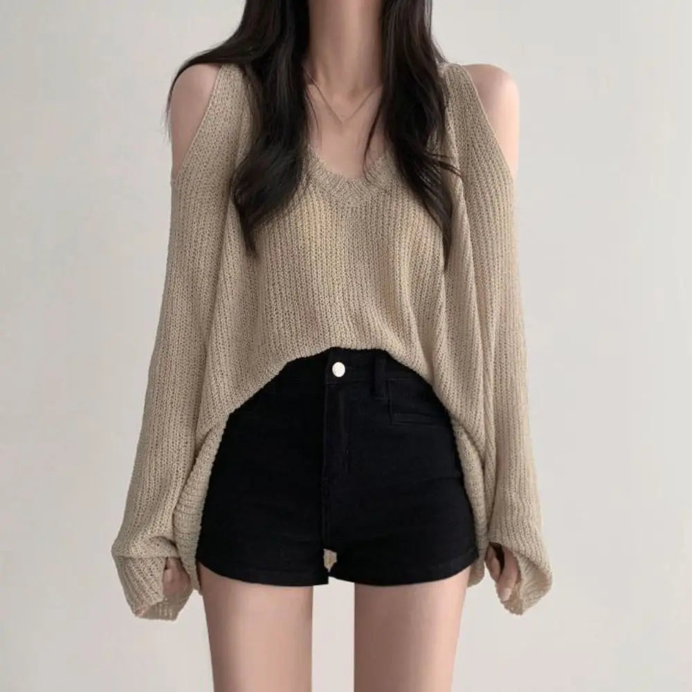 Simple Hollow Out Knit Long T-shirt Long Sleeve Pullover Crochet Knitwear V-neck Chic Knitted Loose Top Women
