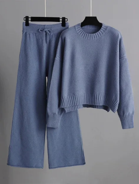 Knitted Drape Wide Leg Pant Suit Two Piece Sets knitwear Winter Thick Warm Sweater Tracksuits casual Women sweater