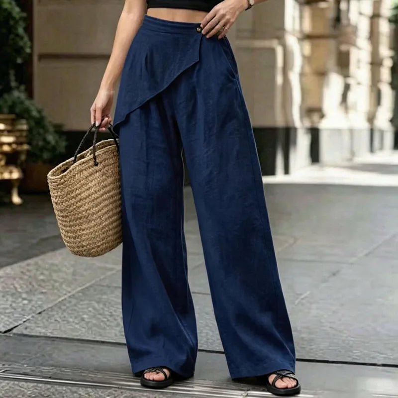 Women Irregular Wrap Overlay Wide Leg Pants Elastic High Waist Solid Trousers Button Pockets Spring Summer Casual Loose Culottes