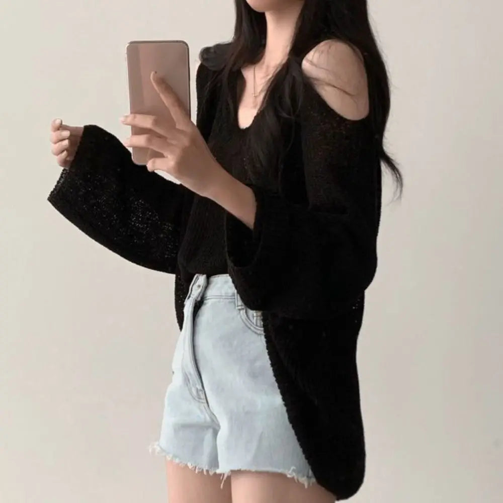 Fashion Hollow Out Knit Long T-shirt Pullover V-neck Crochet Knitwear Long Sleeve Chic Knitted Loose Top Women