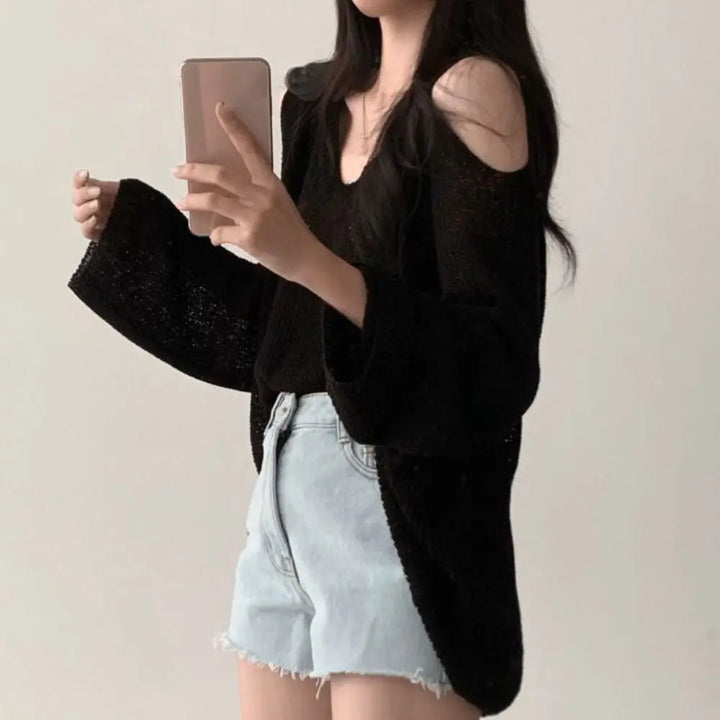 Fashion Hollow Out Knit Long T-shirt Pullover V-neck Crochet Knitwear Long Sleeve Chic Knitted Loose Top Women