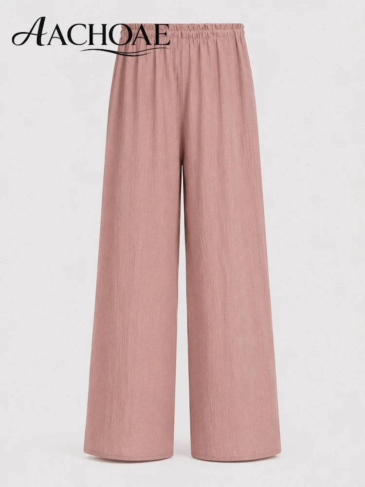 Women Linen Wide Leg Pants Summer Beach Long Pants Casual Drawstring Loose Beach Trousers