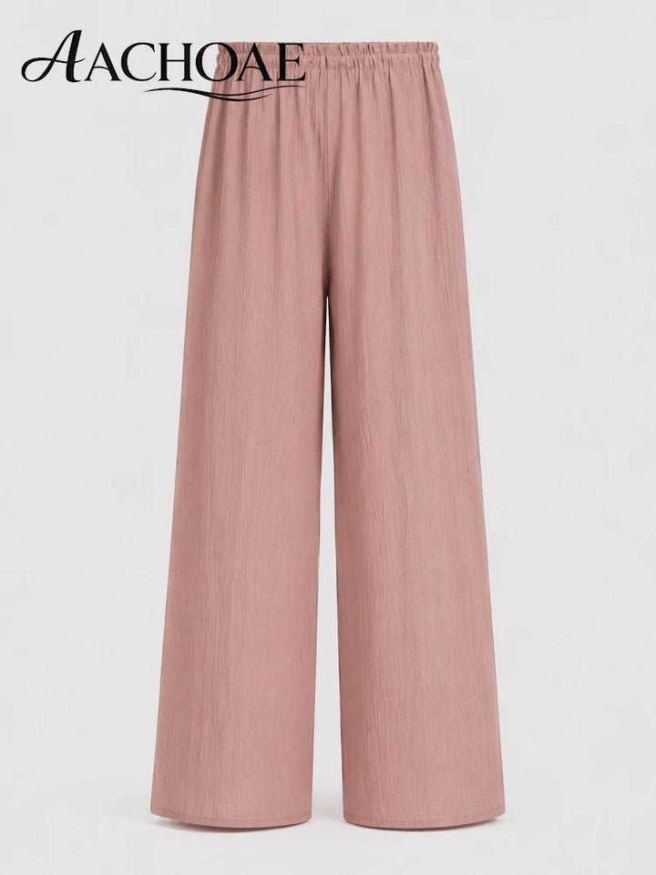 Women Linen Wide Leg Pants Summer Beach Long Pants Casual Drawstring Loose Beach Trousers