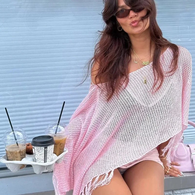 Women Summer Crochet Knit Mesh Cover Up Sexy Tassel Knit Poncho Sheer Beach Sun Protection Off Shoulder Irregular Shawl Top