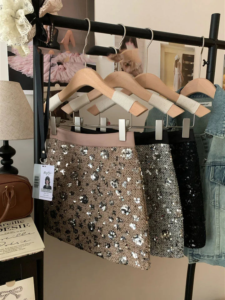 Sequined midi skirt for women in spring high waisted A-line skirt high-end design niche temperament hip hugging short skirt