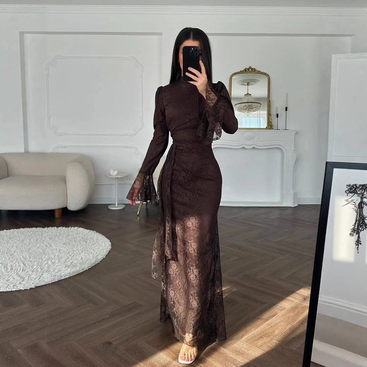Women Lace Fitted Dresses Solid Evening Dress H Line Ankle Lenth Bell Sleeve Waist Cinch Slim Fit Party Sexy Elegant 2026 Summer