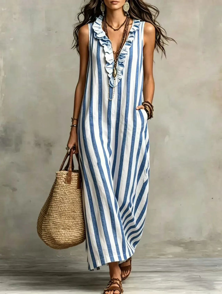 Bohemian Stripe V Neck Linen Maxi Dress Summer Casual Long Dresses