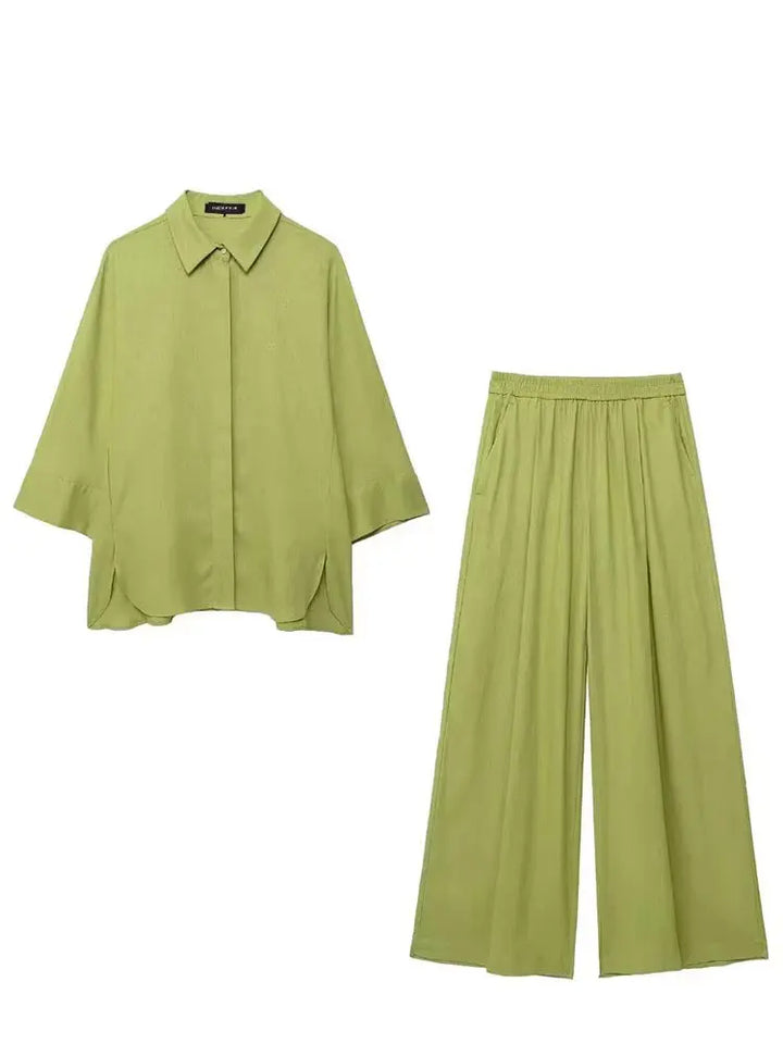 HH Women Casual Solid Blouse Pant Sets Loose Long Sleeve Lapel Shirts Elastic Waist Wide Leg Trousers Office Lady Suit