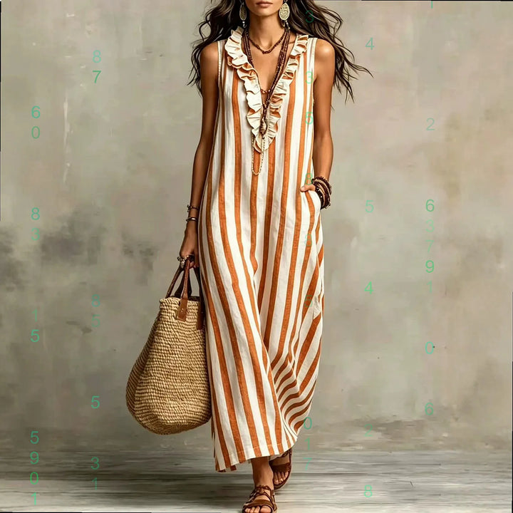 Bohemian Stripe V Neck Linen Maxi Dress Summer Casual Long Dresses