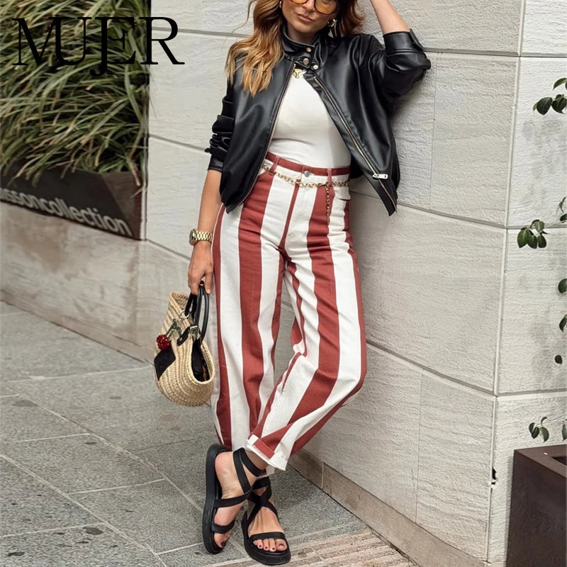 MUJER Striped Denim Jeans for Women High Waist Mom Jeans Pants Woman Summer Baggy Jeans Woman Streetwear Casual Women's Jeans