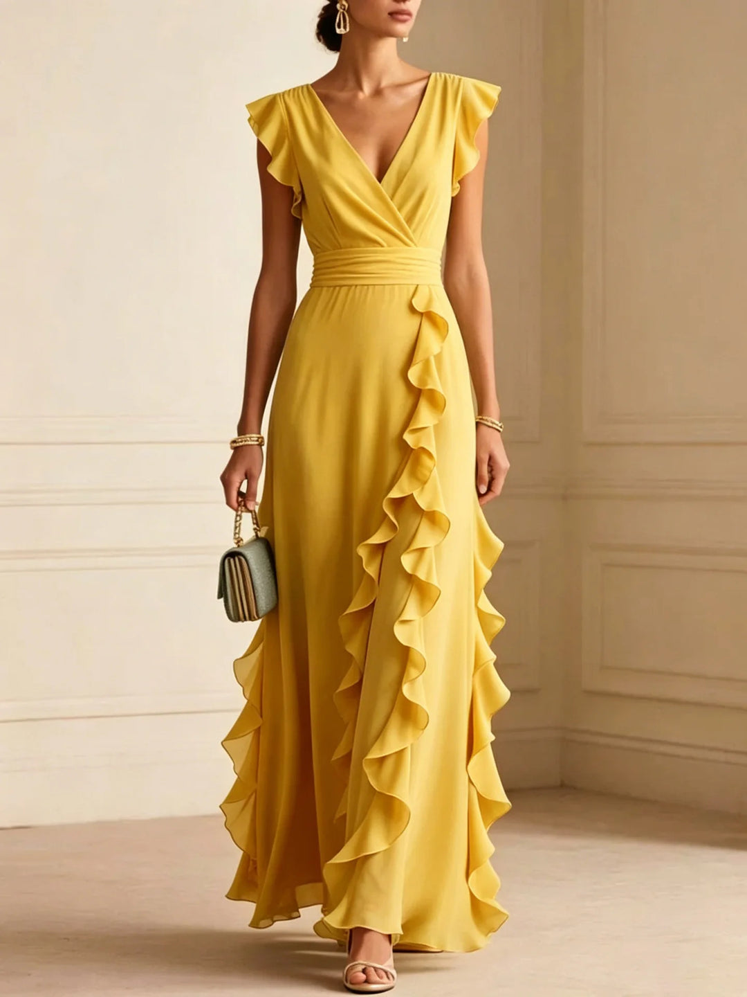 Women V Neck Ruffle Maxi Dress Sleeveless Chiffon Long Dress Wedding Guest Evening Party Formal Dress