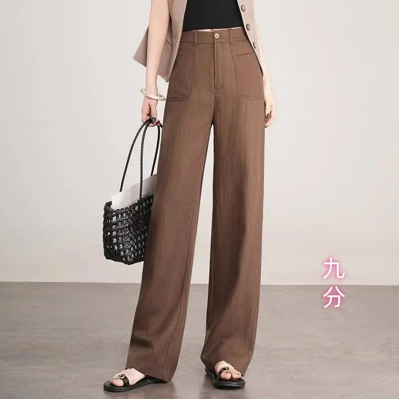 Linen Narrow Straight Leg Pants Women Summer Loose High Waist Casual Wide Leg Cropped Trousers