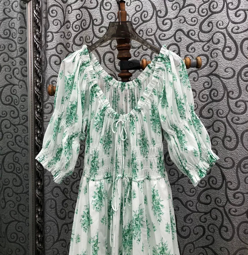 100%Cotton Long Dress 2026 Summer Bohemian Beach Lady Green Leaves Prints Elastic Waist Short Sleeve White Long Maxi Dress