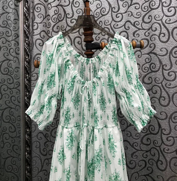 100%Cotton Long Dress 2026 Summer Bohemian Beach Lady Green Leaves Prints Elastic Waist Short Sleeve White Long Maxi Dress