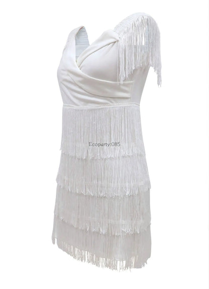 Women Evening Dresses Sexy Big V Neck One-shoulder Fringed Skirt Ladies Temperament Slim Dress Short Sleeve Club Dress Vestidos
