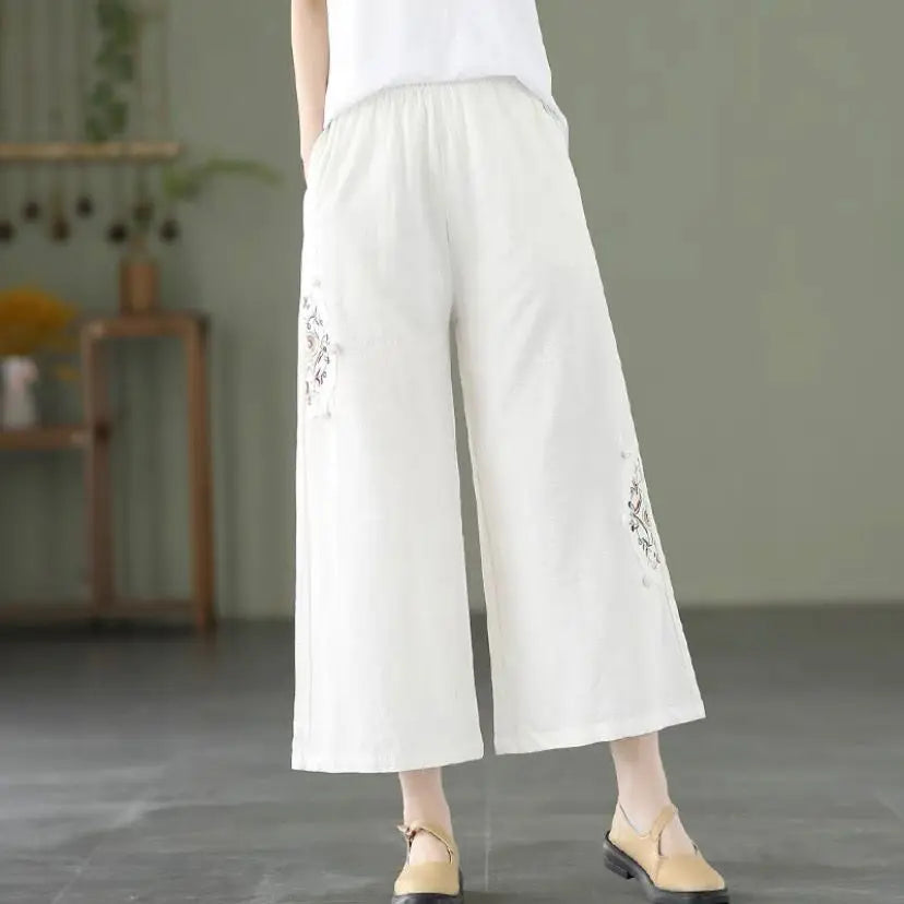 Fashion Women Embroidery High Waist Oversized Pants Summer Cotton Hemp Thin Elastic Band Loose Wide Leg Casual Straight Trousers