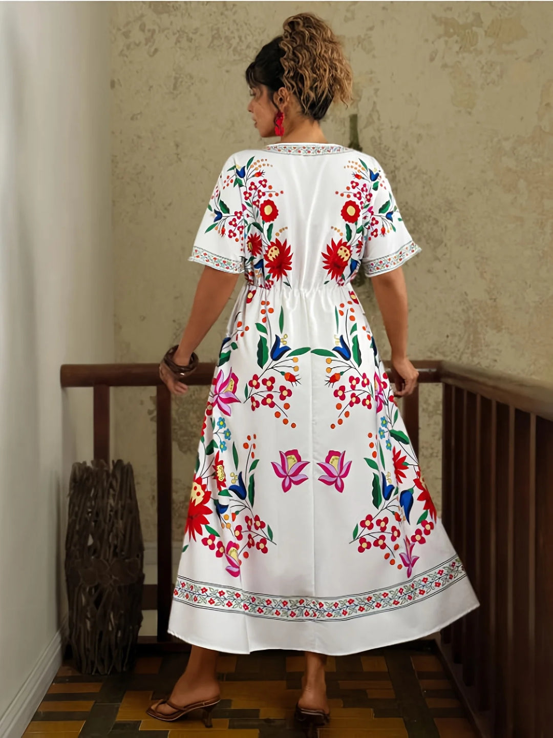 Elegant Bohemian Maxi Dress V-Neck Floral Print Spring Summer Women&