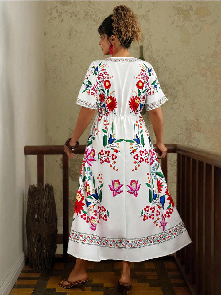 Elegant Bohemian Maxi Dress V-Neck Floral Print Spring Summer Women&
