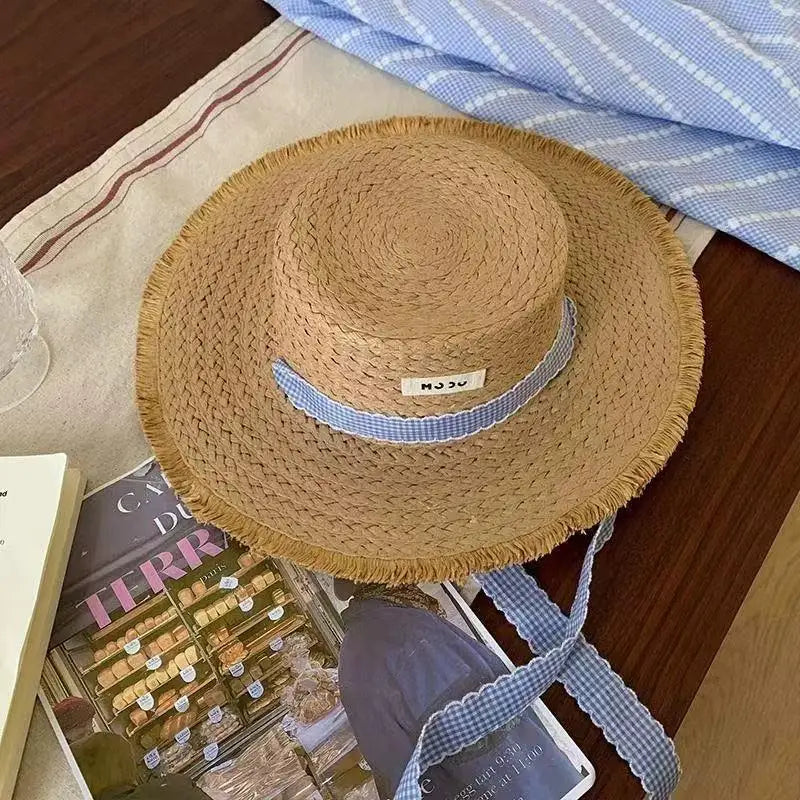 Wide-brimmed Straw Hat Women Beach Sun Hat Fashionable Sun Protection Floral Lace Bow Breathable Summer Hat for Vacation