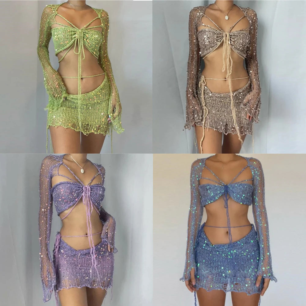 Crochet Knitted Dress Two Piece Skirt Sets Summer Women Clothes Sexy Crop Tops Elegant Knit Sequin Dress 2 Piece Set Outfit