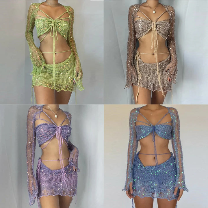 Crochet Knitted Dress Two Piece Skirt Sets Summer Women Clothes Sexy Crop Tops Elegant Knit Sequin Dress 2 Piece Set Outfit