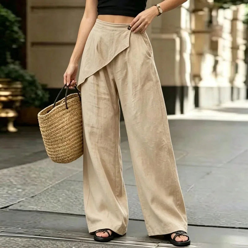 Women Irregular Wrap Overlay Wide Leg Pants Elastic High Waist Solid Trousers Button Pockets Spring Summer Casual Loose Culottes