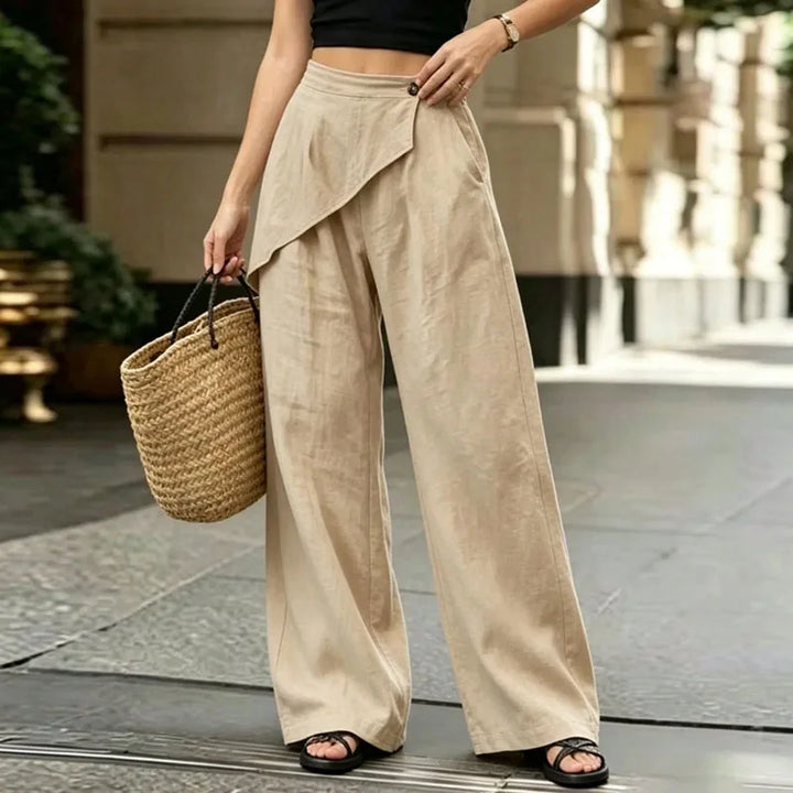 Women Irregular Wrap Overlay Wide Leg Pants Elastic High Waist Solid Trousers Button Pockets Spring Summer Casual Loose Culottes