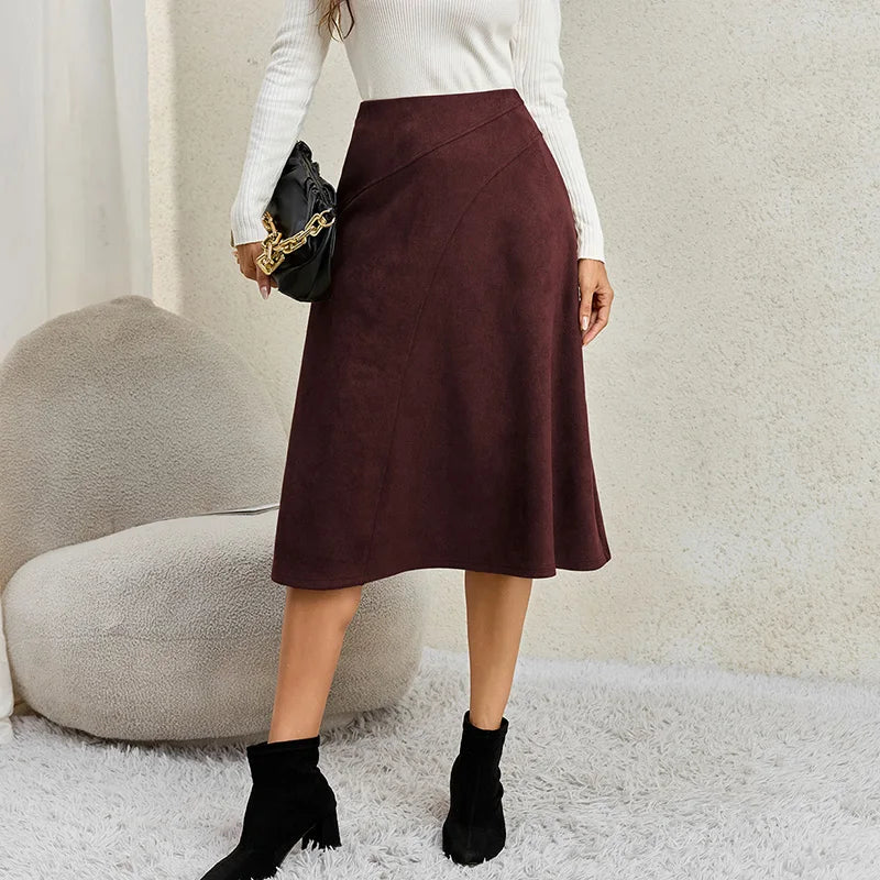 Elegant Faux Suede A Line Skirts Women Autumn Winter Zipper High Waisted Midi Skirt Woman Solid Color Patchwork Thick Skirts
