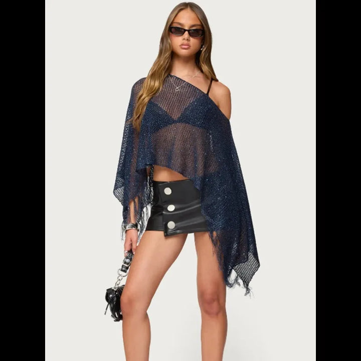 Women Summer Crochet Knit Mesh Cover Up Sexy Tassel Knit Poncho Sheer Beach Sun Protection Off Shoulder Irregular Shawl Top