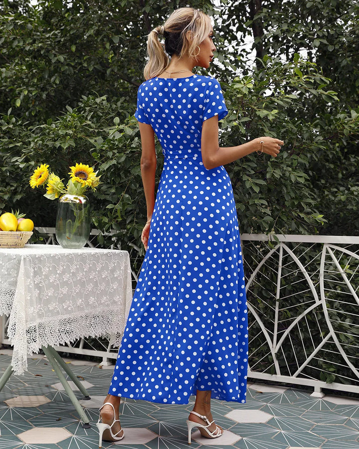 Colorful Polka Dot Printed Maxi Dresses Women Summer V-Neck Short Sleeved Slit Long Dress Robe