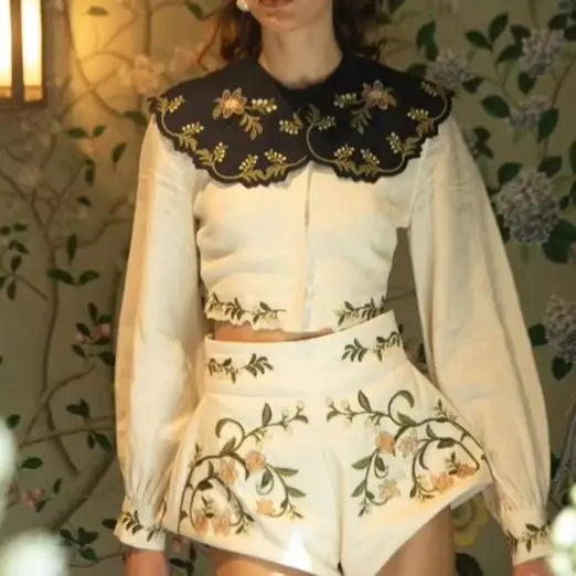 Women 100% Linen 2 Piece Set Heavy Embroidery Detachable Collar Lantern Sleeve Shirt tops &amp; High Waist Casual Shorts